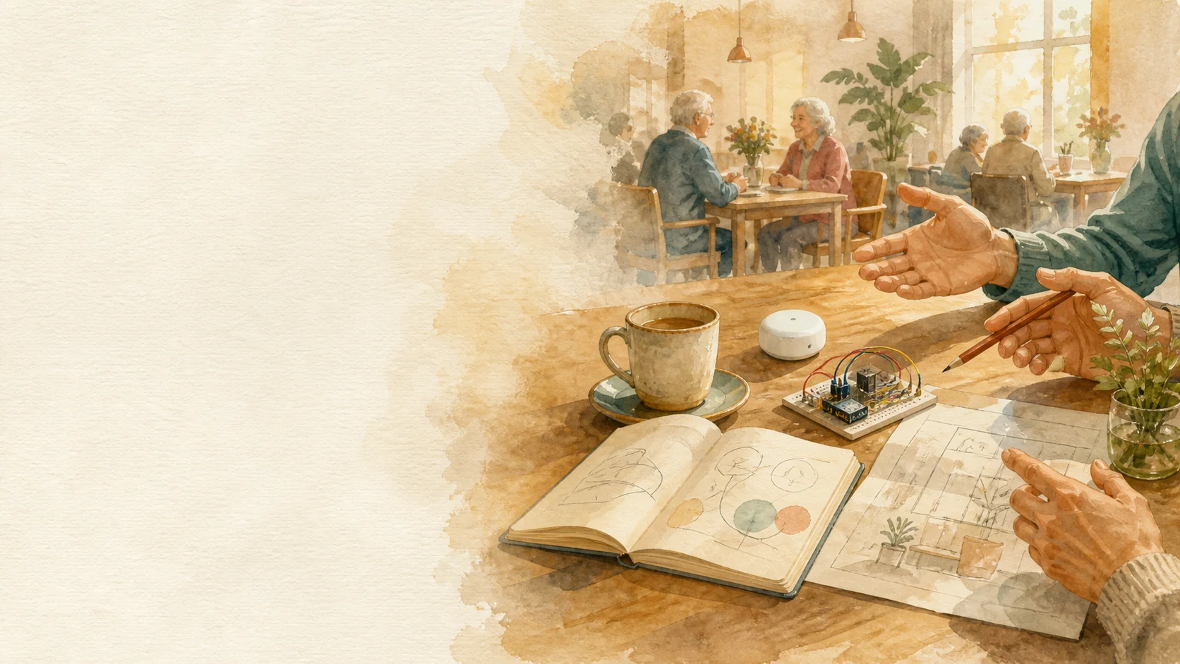 A shared table bringing together care, coffee and assistive technology