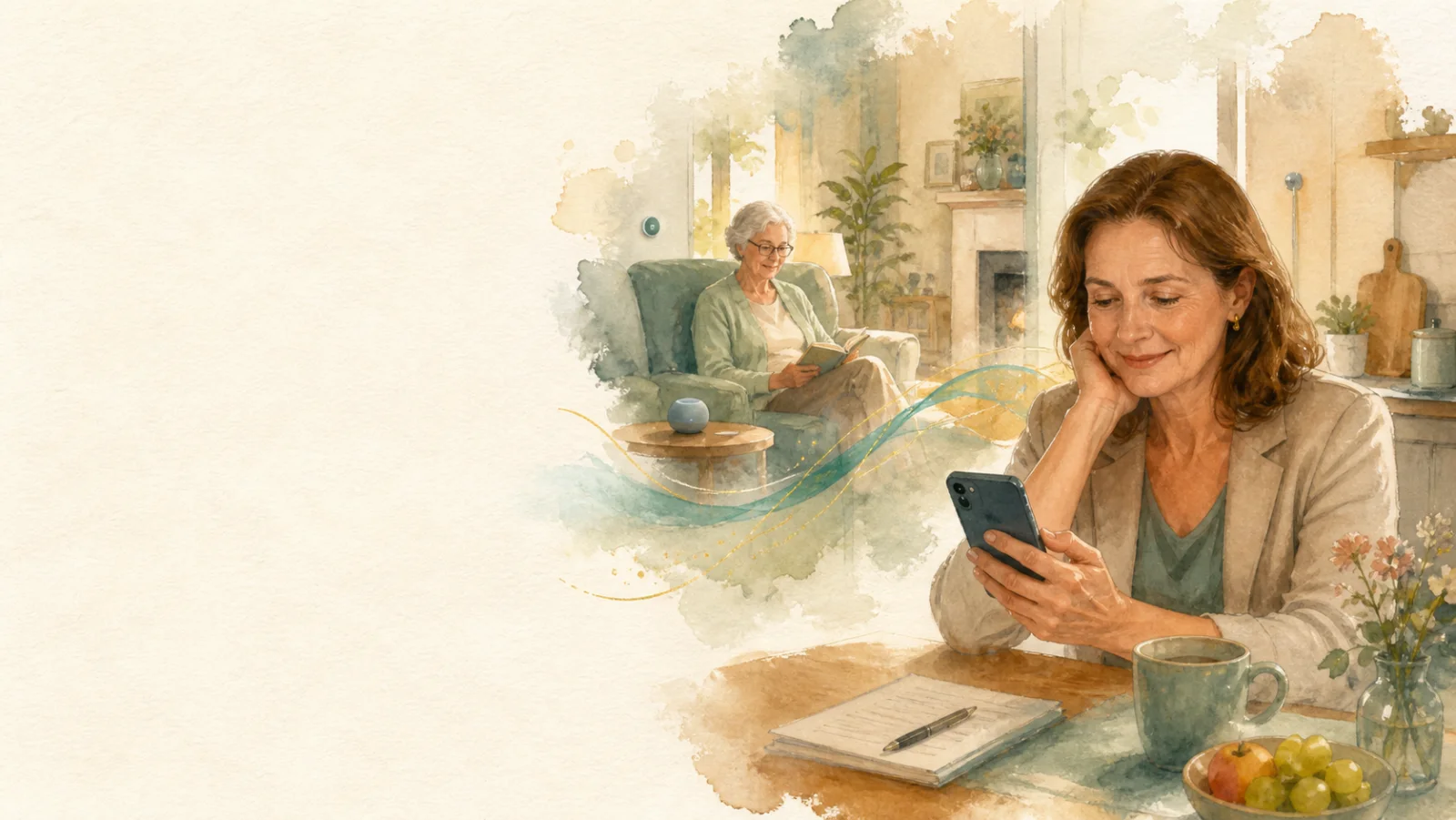 A woman who cares for her mother receives a calm message while her mother spends the day safely at home