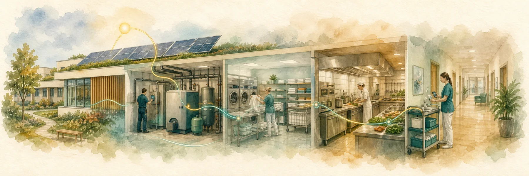 A watercolour cross-section of a facility linking solar panels, the boiler room, the laundry, the kitchen and asset records