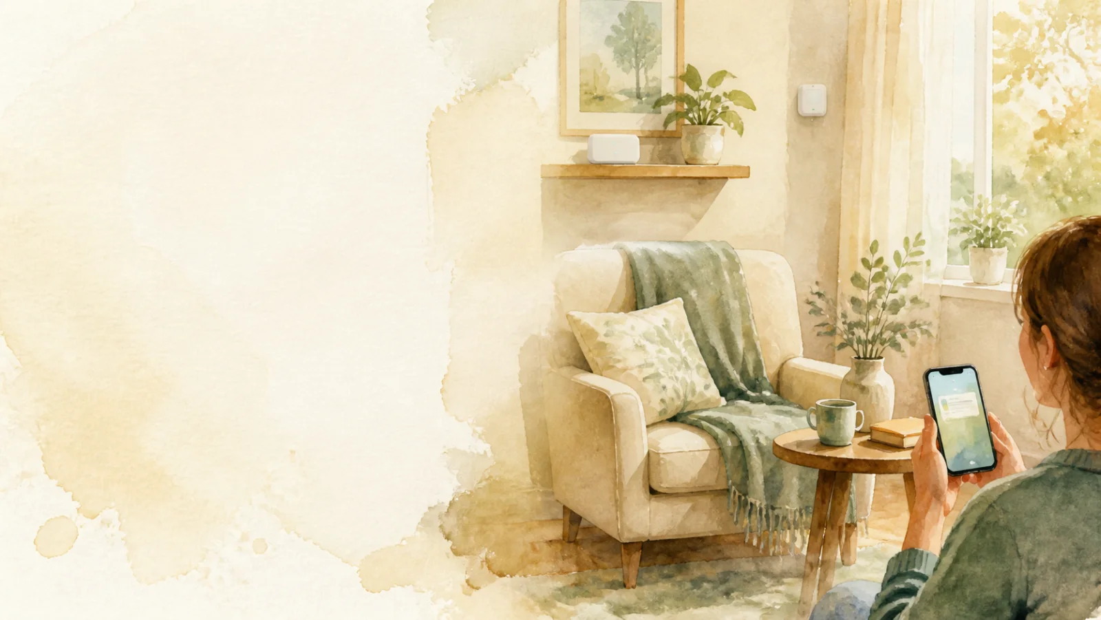 A watercolour room with an unobtrusive sensor and a calm alert for someone close