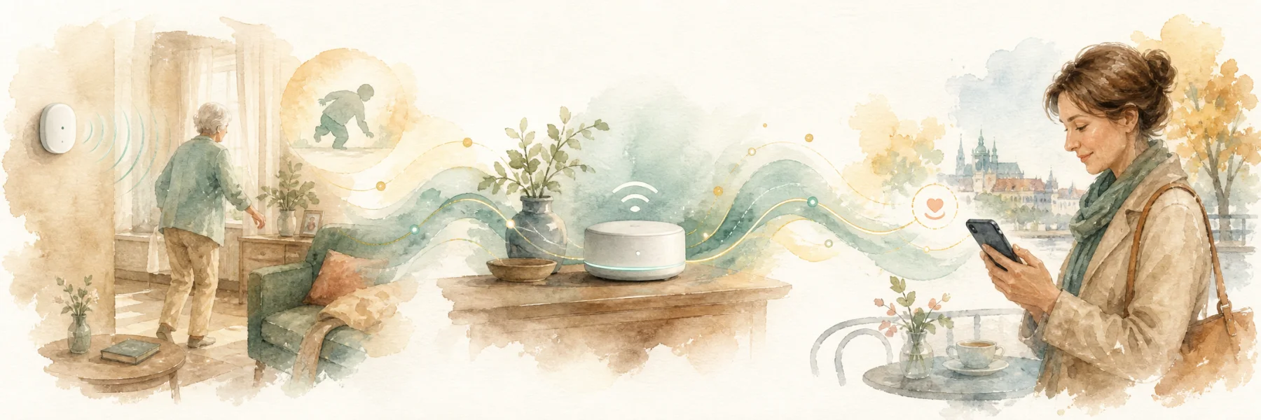 Three steps of the connection: a sensor in the home, the local Home Assistant hub and an alert to someone close