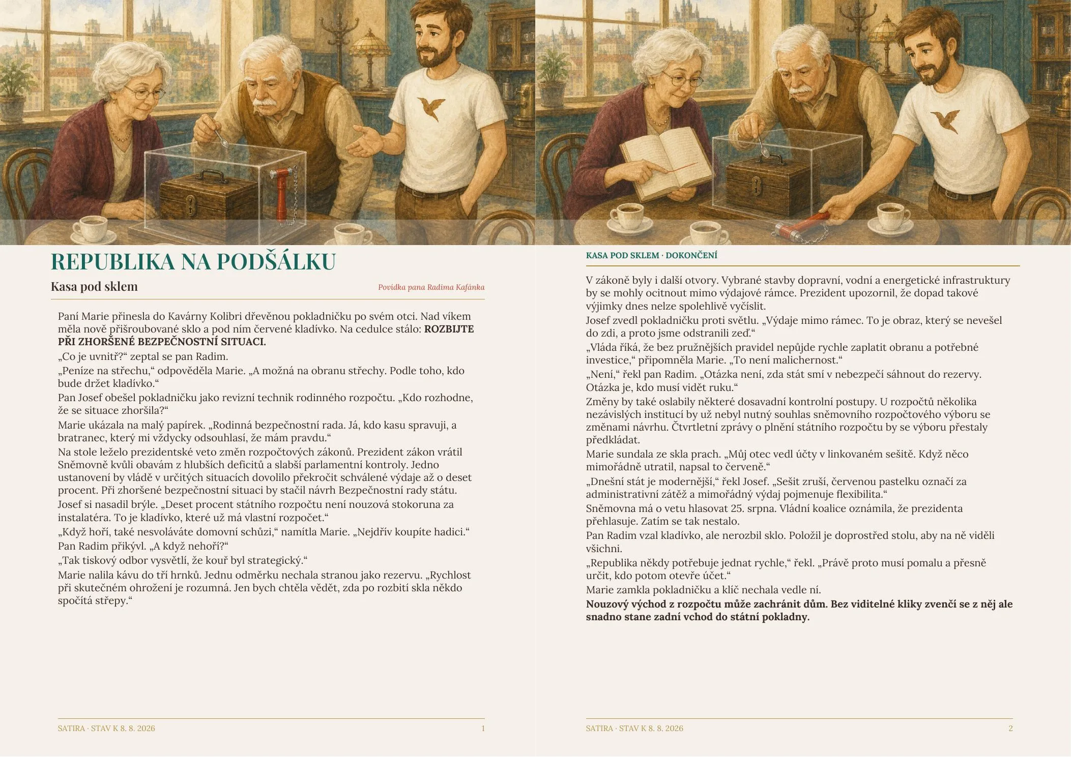 An opened watercolour spread of the story Kasa pod sklem