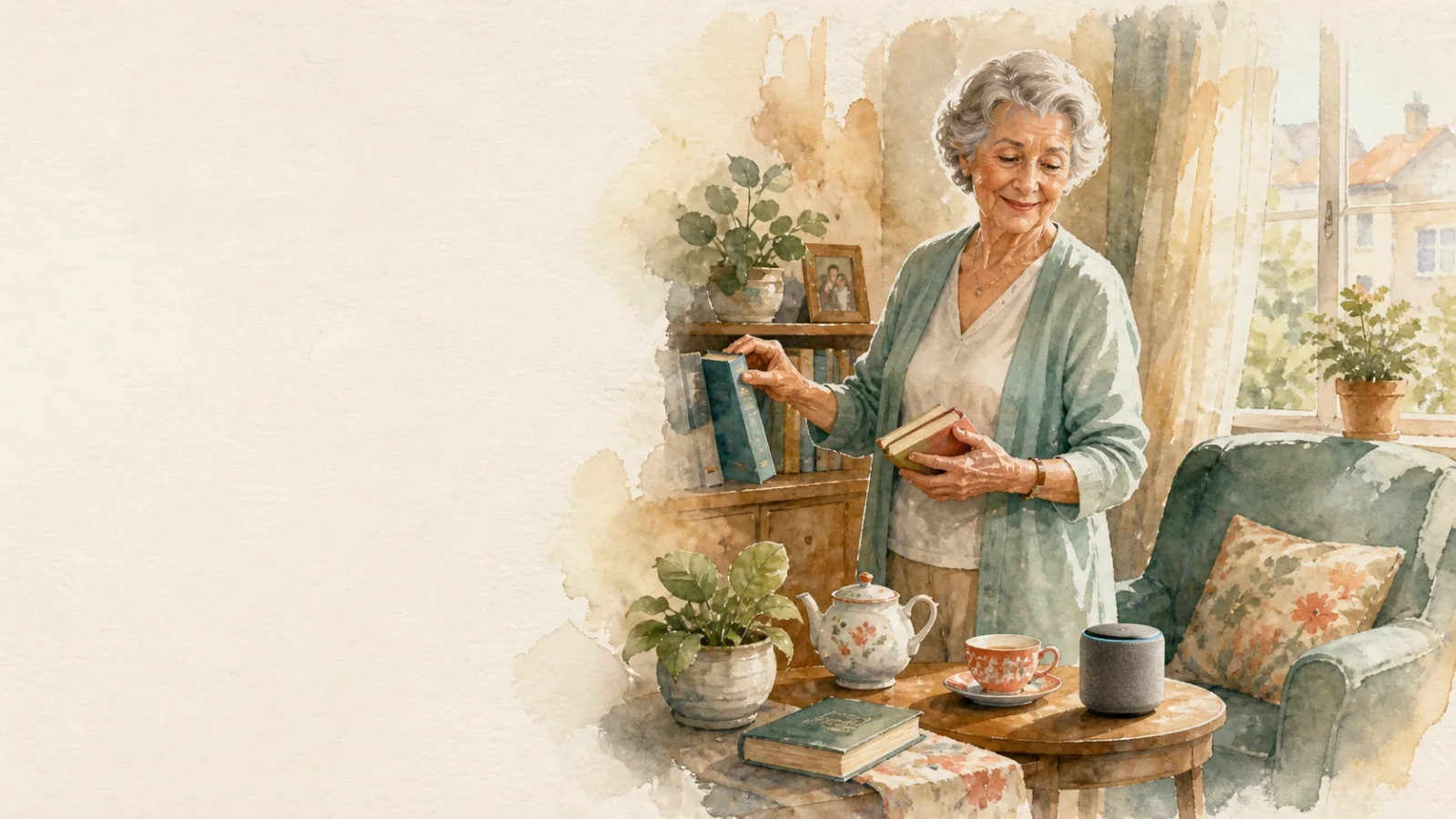 An active older woman in her home with books, tea and an unobtrusive voice assistant