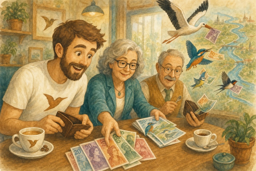 Pták v peněžence — ilustrace